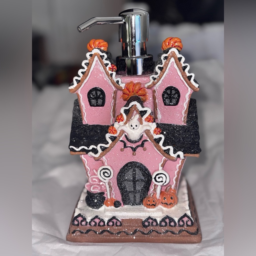 Pink and Black Gingerbread House soap dispenser